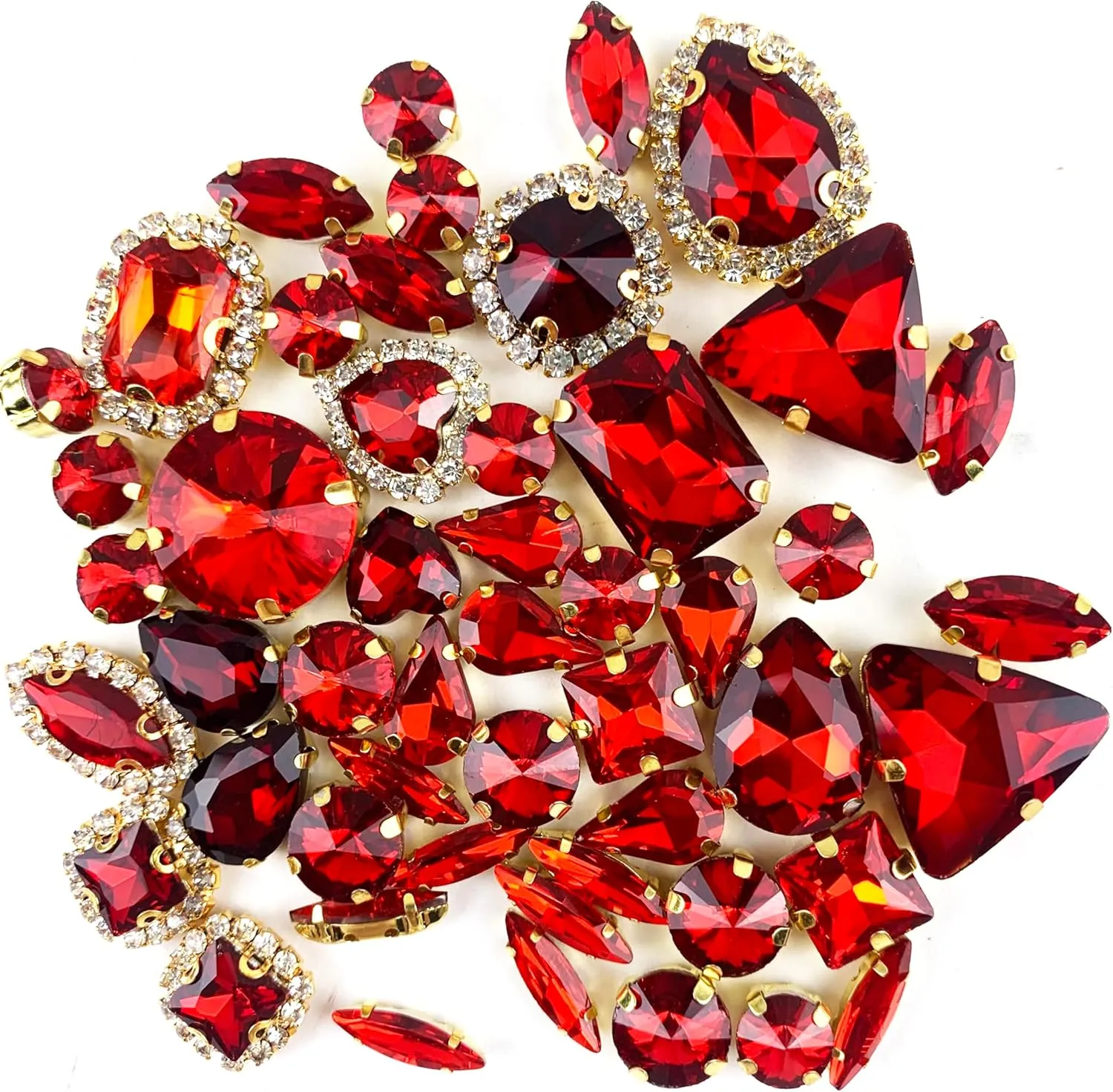Heyiwell Sew On Rhinestones 50PC Mix Shapes Flatback Sew On Glass Rhinestone Sewing Gold Claw Crystal Rhinestone for Bridal Wedding Dress Decor,Bags, Shoes,DIY Crafts,Red