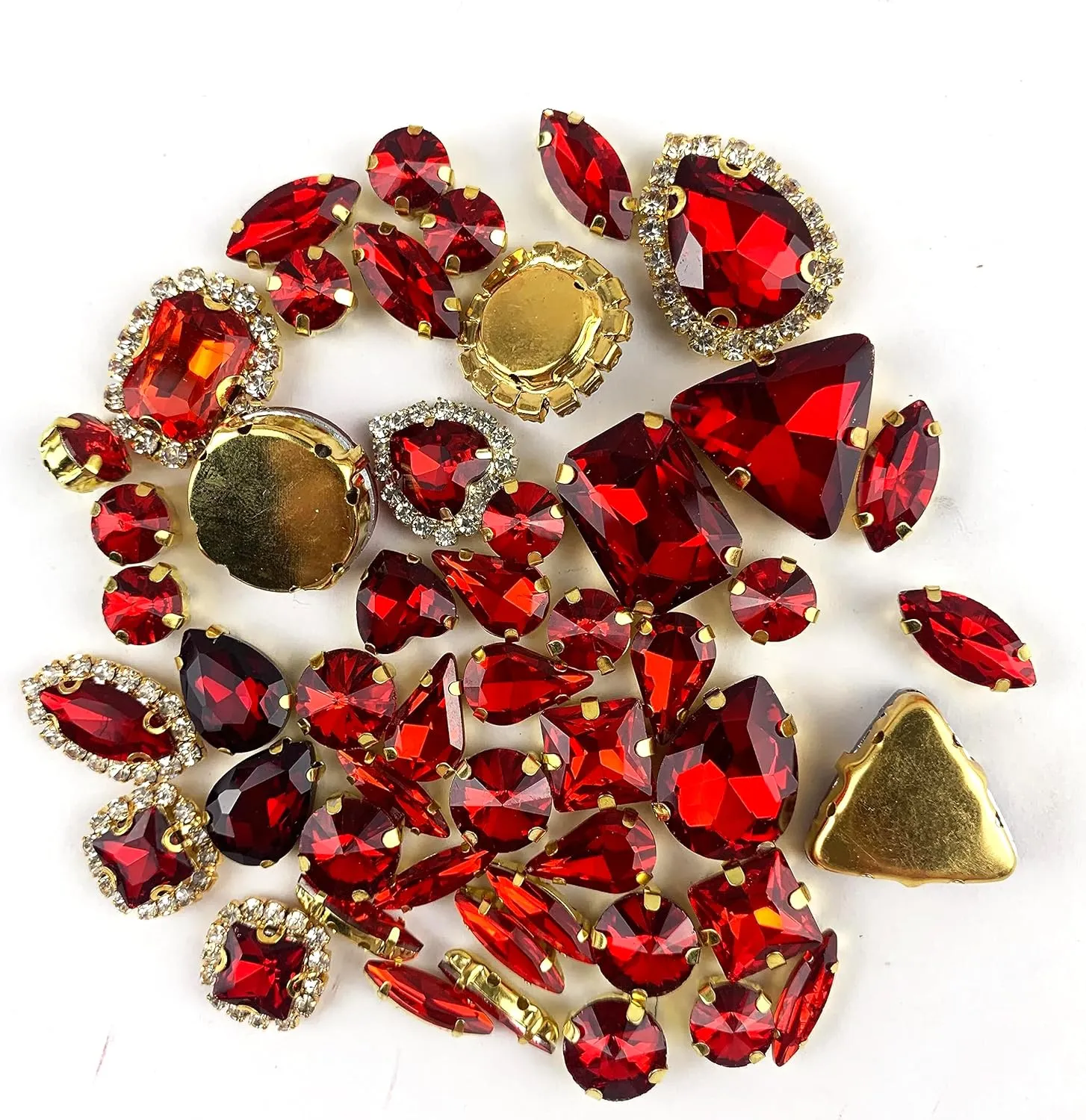 Heyiwell Sew On Rhinestones 50PC Mix Shapes Flatback Sew On Glass Rhinestone Sewing Gold Claw Crystal Rhinestone for Bridal Wedding Dress Decor,Bags, Shoes,DIY Crafts,Red