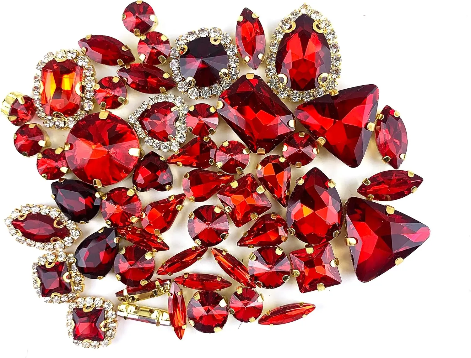 Heyiwell Sew On Rhinestones 50PC Mix Shapes Flatback Sew On Glass Rhinestone Sewing Gold Claw Crystal Rhinestone for Bridal Wedding Dress Decor,Bags, Shoes,DIY Crafts,Red