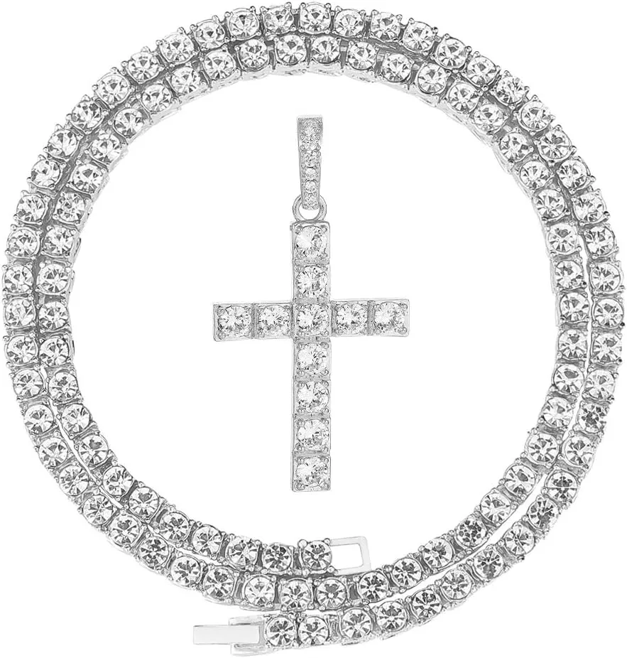 HH BLING EMPIRE Gold/Silver Diamond Cross Pendant Necklace for Men Women-Iced Out Chains with Cross Necklace 24 Inch
