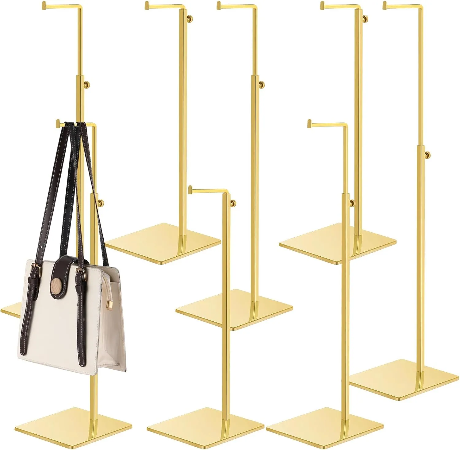 Hicarer 8 Pcs Gold Purse Display Stands Stainless Steel Adjustable Height Bags Display Rack Metal Handbag Display Holder Set for Home Store Boutique Counter Retail Floor Display Props Shelve(Classic)