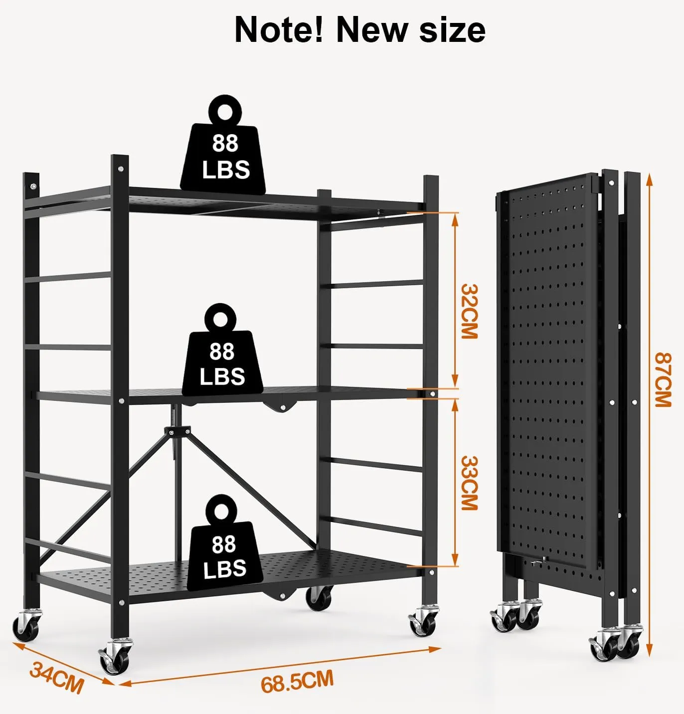 Himix Storage Shelves with 6 Hooks, 3 Tier Foldable Shelf with Wheels, Metal Storage Shelving Unit Rolling Cart, Utility Shelf Rack Organization Shelves for Pantry, Kitchen, Black - No Assembly