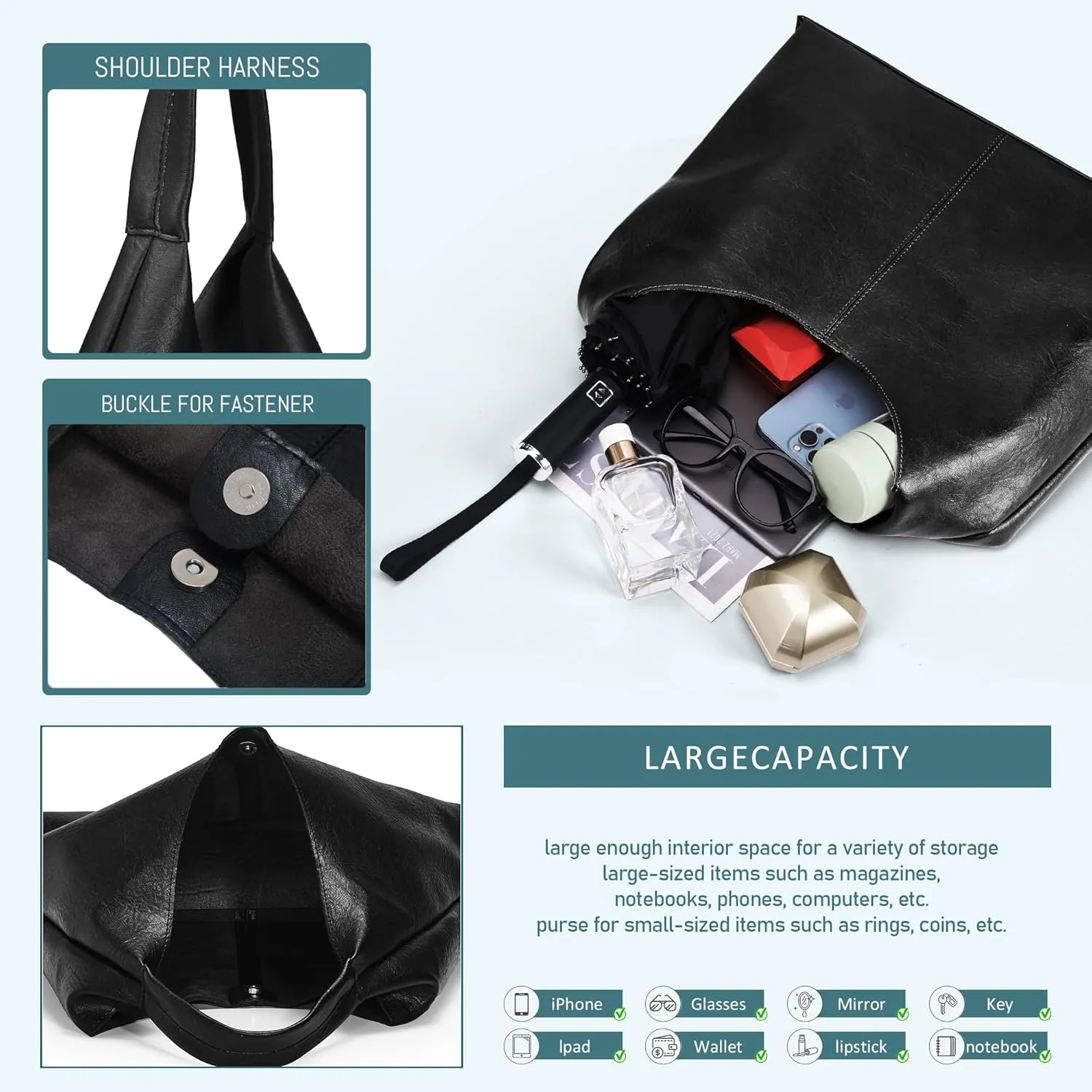Hobo Shoulder Bag for Women Trendy Lightweight Soft Foldable Leather Hobo Tote Handbag with Coin Purse for Women