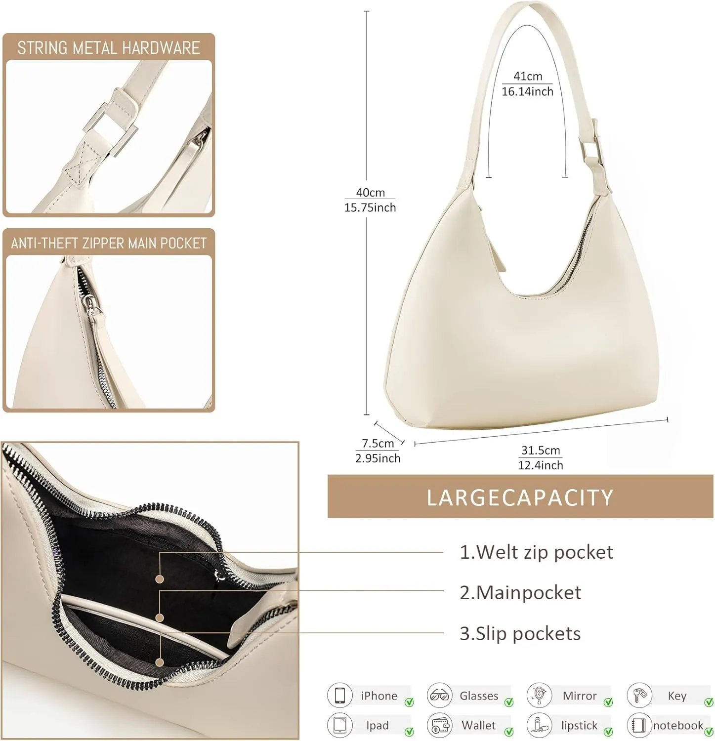 Hobo Shoulder Bag for Women Trendy Lightweight Soft Foldable Leather Hobo Tote Handbag with Coin Purse for Women