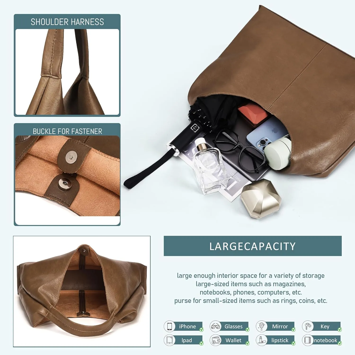 Hobo Shoulder Bag for Women Trendy Lightweight Soft Foldable Leather Hobo Tote Handbag with Coin Purse for Women