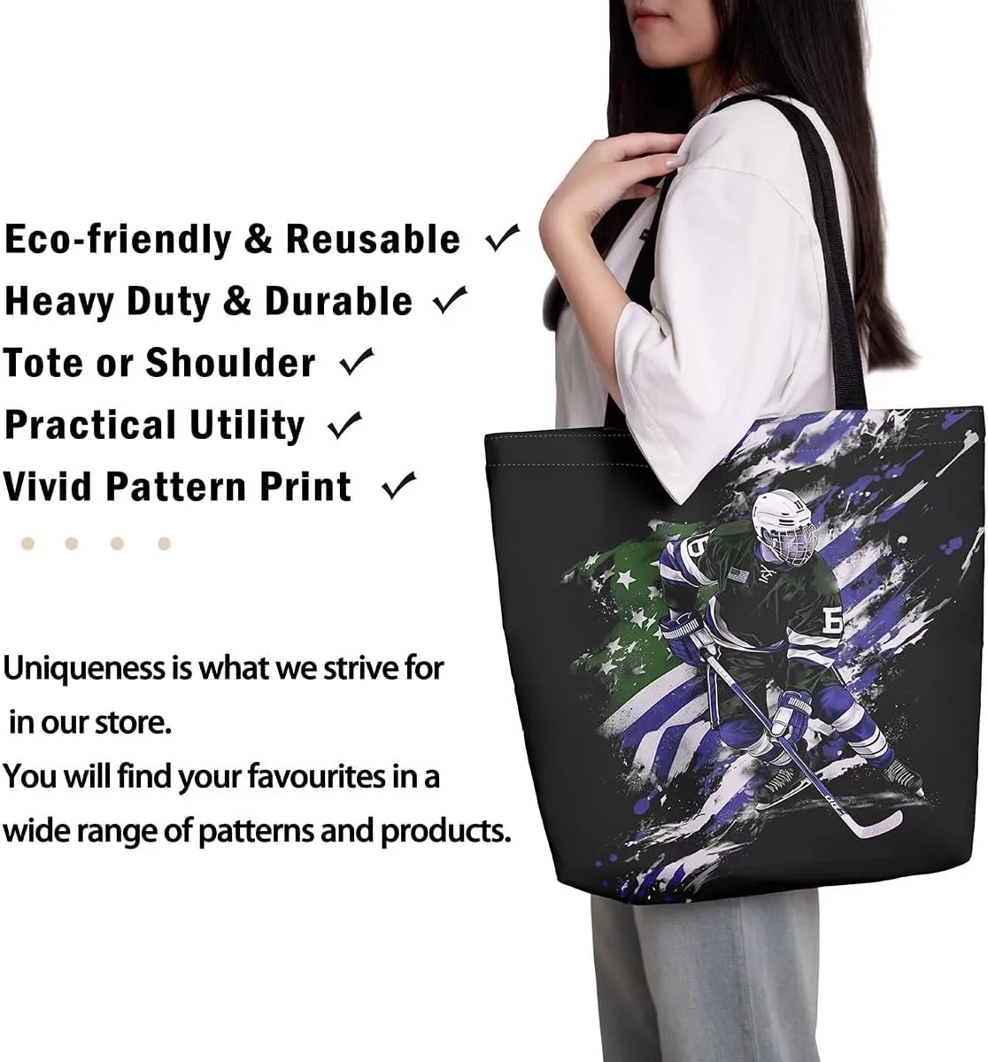 Hockey Players Canvas Tote Bag,Winter Sports Tote Bag for Sport Gym Swim Yoga