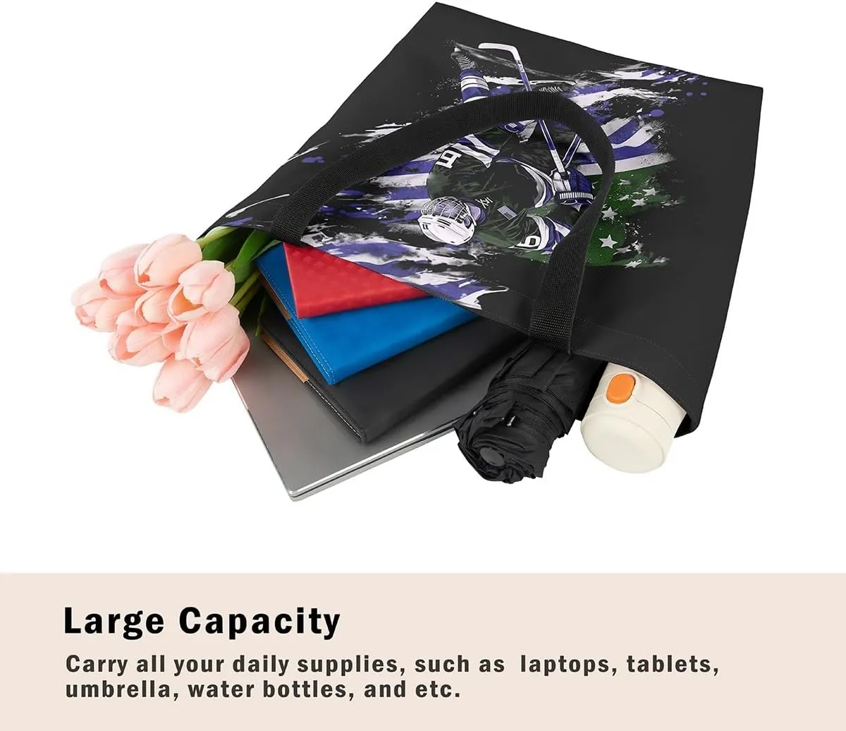 Hockey Players Canvas Tote Bag,Winter Sports Tote Bag for Sport Gym Swim Yoga