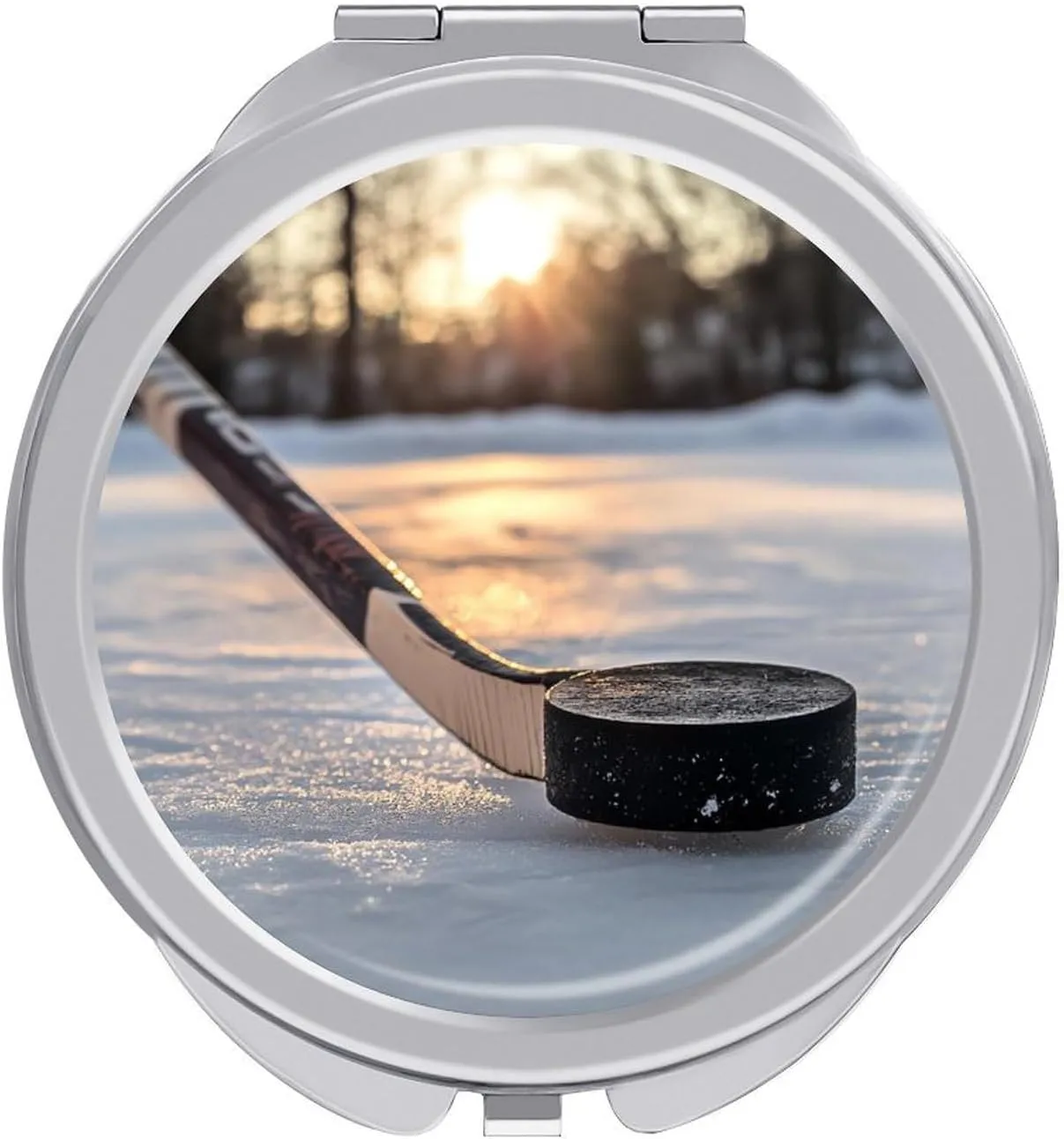 Hockey Puck and Stick Sliding Across The Ice Compact Makeup Mirror Mini Foldable Cosmetic Mirror Portable Travel Mirror for Purse Pocket