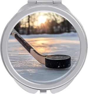 Hockey Puck and Stick Sliding Across The Ice Compact Makeup Mirror Mini Foldable Cosmetic Mirror Portable Travel Mirror for Purse Pocket