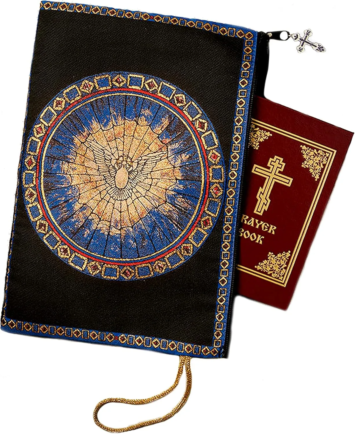 Holy Spirit Large Tapestry Bible Pouch Case Holder Purse Also For Ipads, Books, Blue With Black Red and Gold, 10 3/4 Inch - Religious Gift