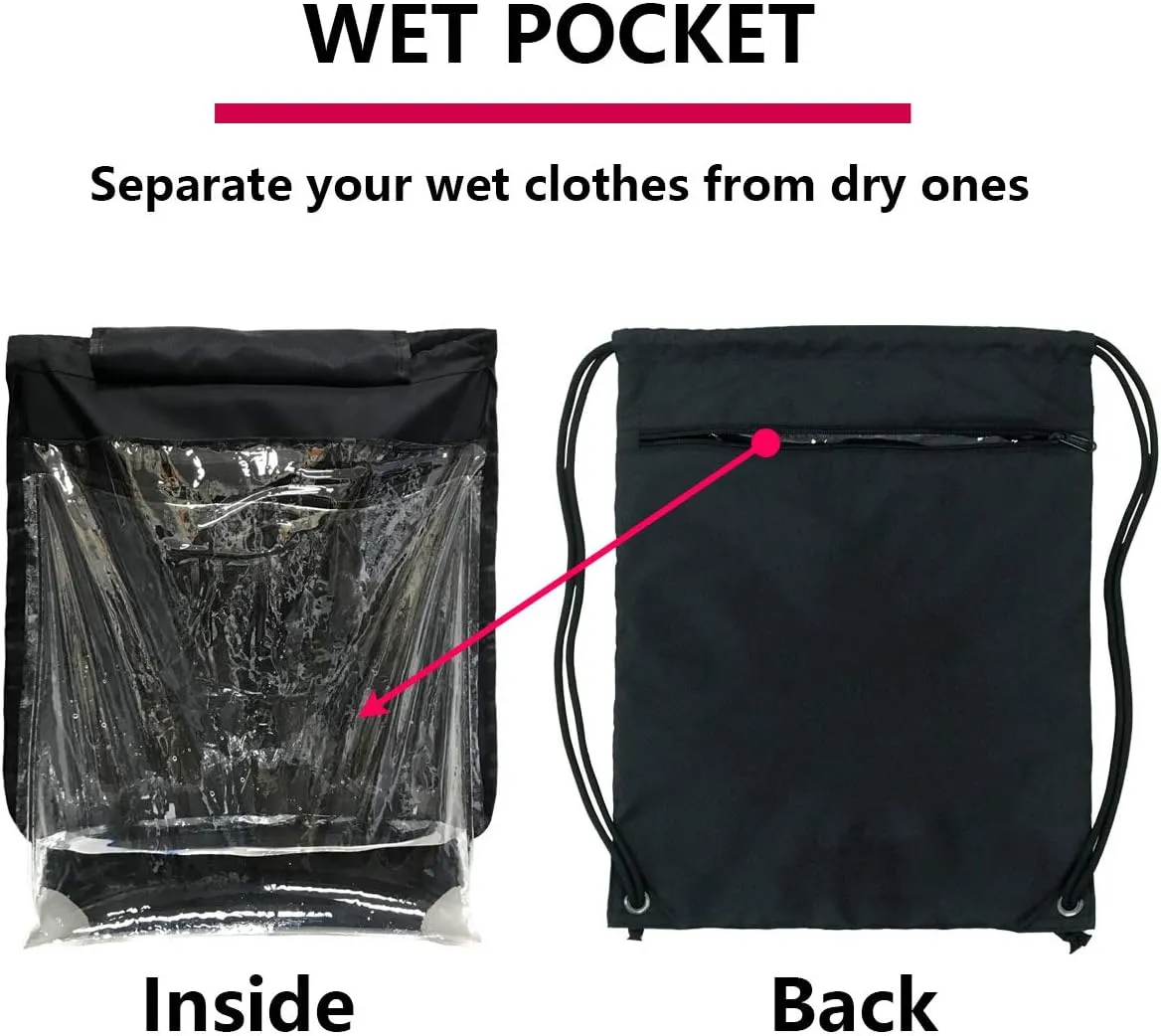 HOLYLUCK Packable Drawstring Sackpack Wet Pocket with Zipper and Water Bottle Mesh Pockets (Black)