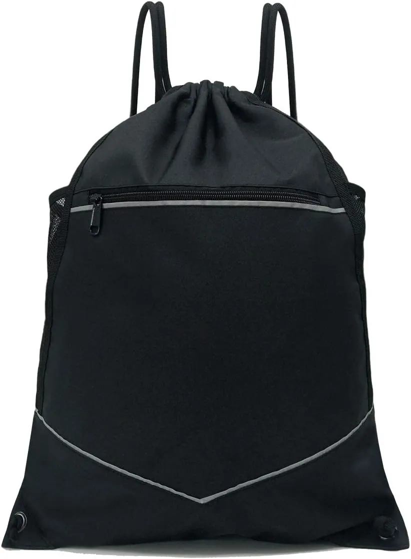 HOLYLUCK Packable Drawstring Sackpack Wet Pocket with Zipper and Water Bottle Mesh Pockets (Black)
