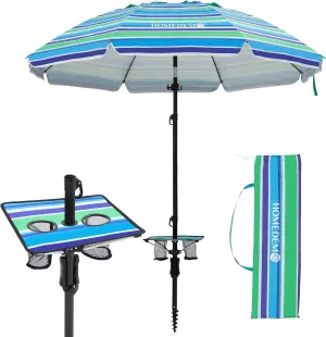 HOMEDEMO 7ft Beach Umbrellas For Sand Heavy Duty Wind, Portable Beach Umbrella UPF 50  Windproof Outdoor Beach Umbrella with Sand Anchor, Tilt Pole, Carry Bag, Table Tray, Vent and Hook