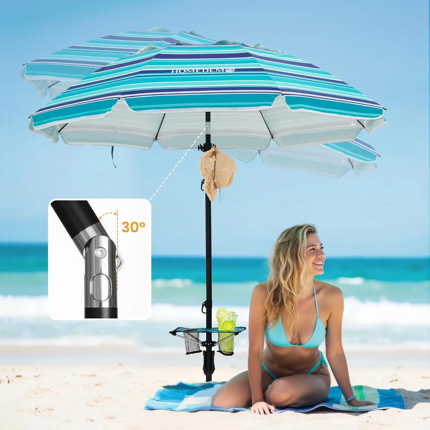 HOMEDEMO 7ft Beach Umbrellas For Sand Heavy Duty Wind, Portable Beach Umbrella UPF 50  Windproof Outdoor Beach Umbrella with Sand Anchor, Tilt Pole, Carry Bag, Table Tray, Vent and Hook