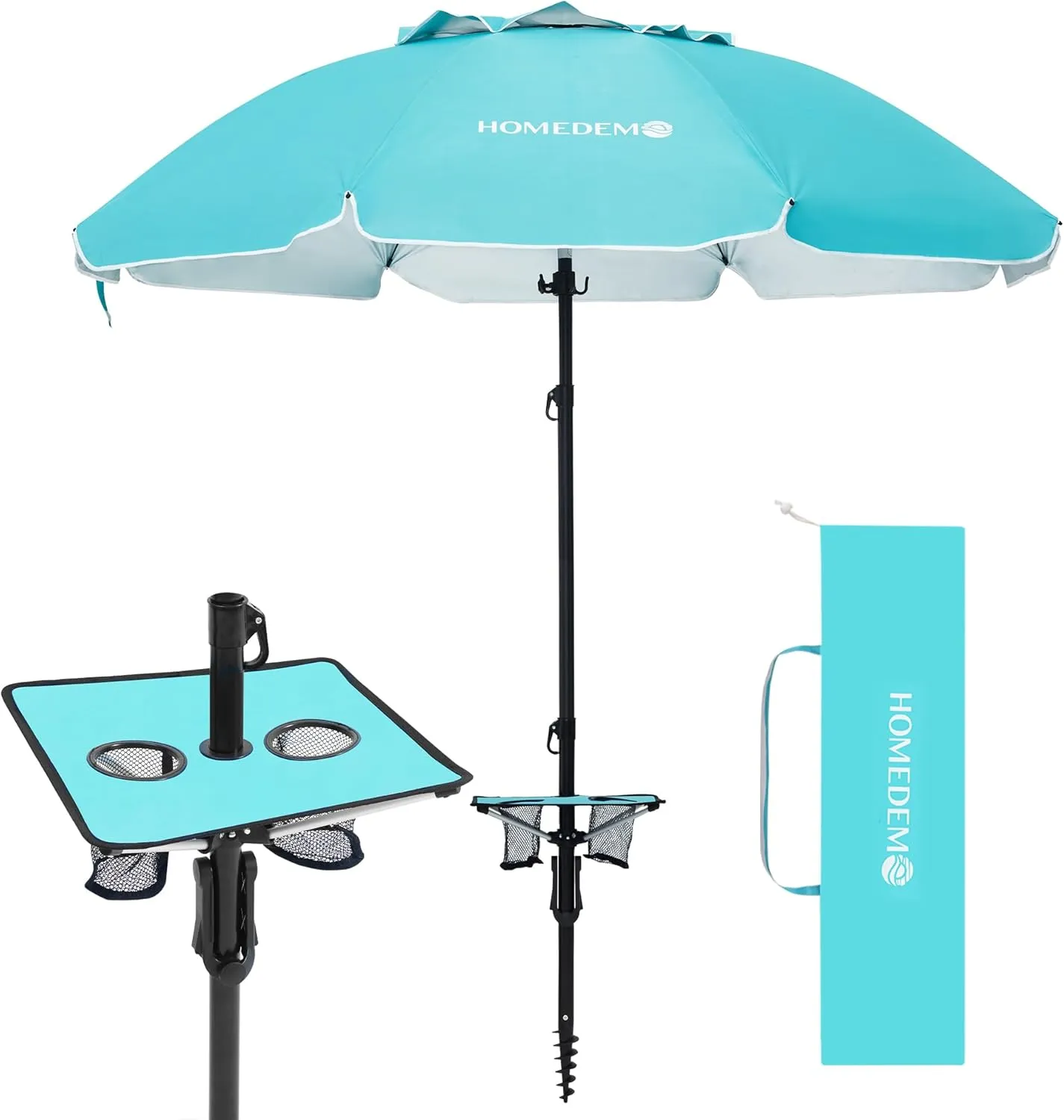 HOMEDEMO 7ft Beach Umbrellas For Sand Heavy Duty Wind, Portable Beach Umbrella UPF 50  Windproof Outdoor Beach Umbrella with Sand Anchor, Tilt Pole, Carry Bag, Table Tray, Vent and Hook