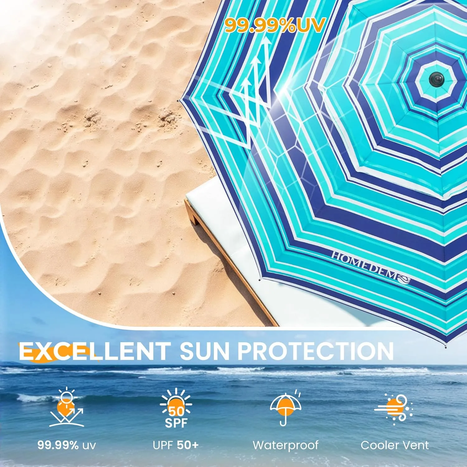 HOMEDEMO 7ft Beach Umbrellas For Sand Heavy Duty Wind, Portable Beach Umbrella UPF 50  Windproof Outdoor Beach Umbrella with Sand Anchor, Tilt Pole, Carry Bag, Table Tray, Vent and Hook