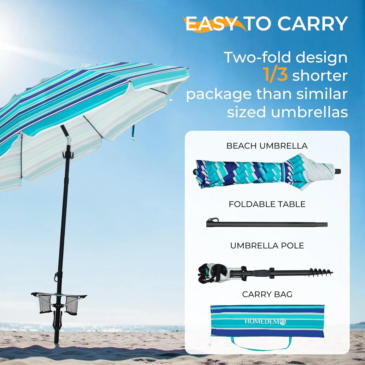 HOMEDEMO 7ft Beach Umbrellas For Sand Heavy Duty Wind, Portable Beach Umbrella UPF 50  Windproof Outdoor Beach Umbrella with Sand Anchor, Tilt Pole, Carry Bag, Table Tray, Vent and Hook