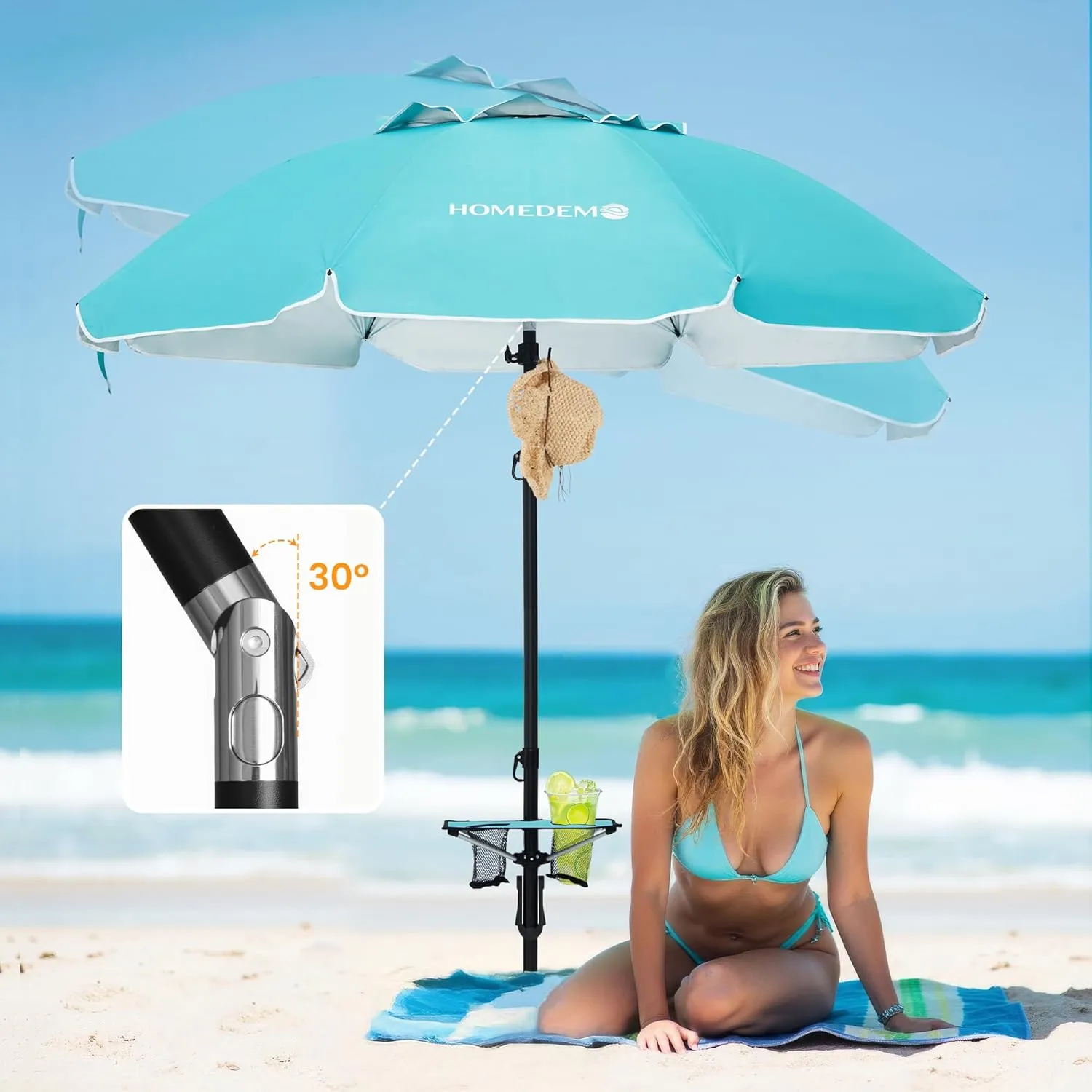 HOMEDEMO 7ft Beach Umbrellas For Sand Heavy Duty Wind, Portable Beach Umbrella UPF 50  Windproof Outdoor Beach Umbrella with Sand Anchor, Tilt Pole, Carry Bag, Table Tray, Vent and Hook