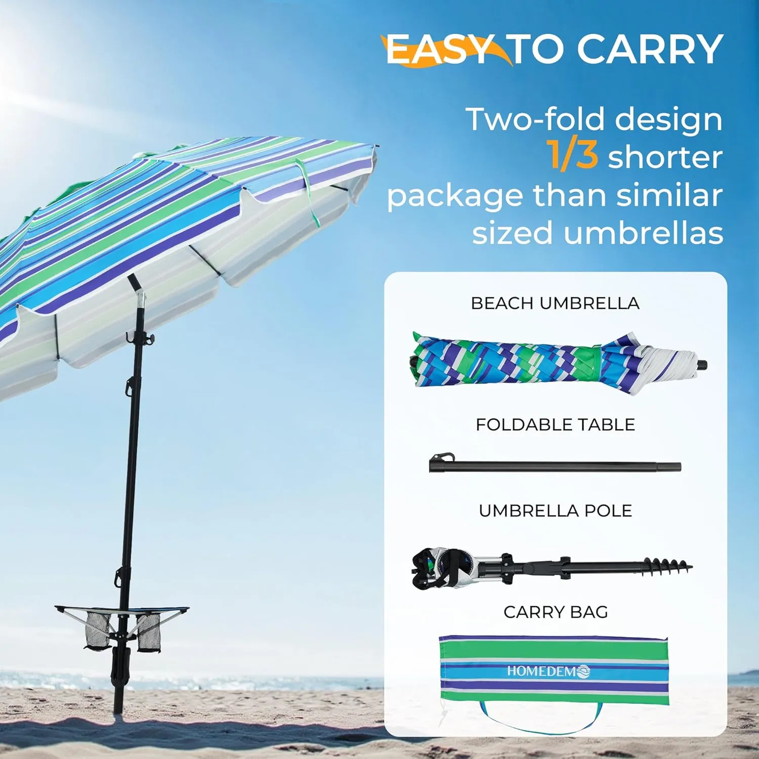 HOMEDEMO 7ft Beach Umbrellas For Sand Heavy Duty Wind, Portable Beach Umbrella UPF 50  Windproof Outdoor Beach Umbrella with Sand Anchor, Tilt Pole, Carry Bag, Table Tray, Vent and Hook