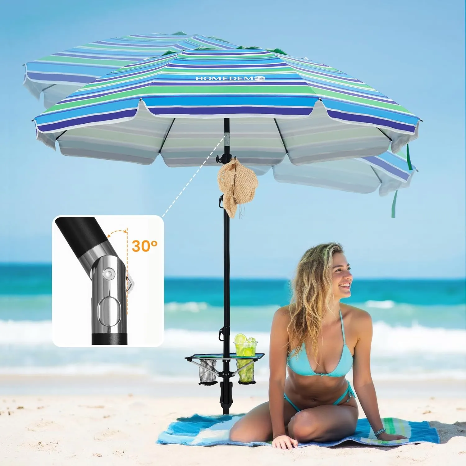 HOMEDEMO 7ft Beach Umbrellas For Sand Heavy Duty Wind, Portable Beach Umbrella UPF 50  Windproof Outdoor Beach Umbrella with Sand Anchor, Tilt Pole, Carry Bag, Table Tray, Vent and Hook