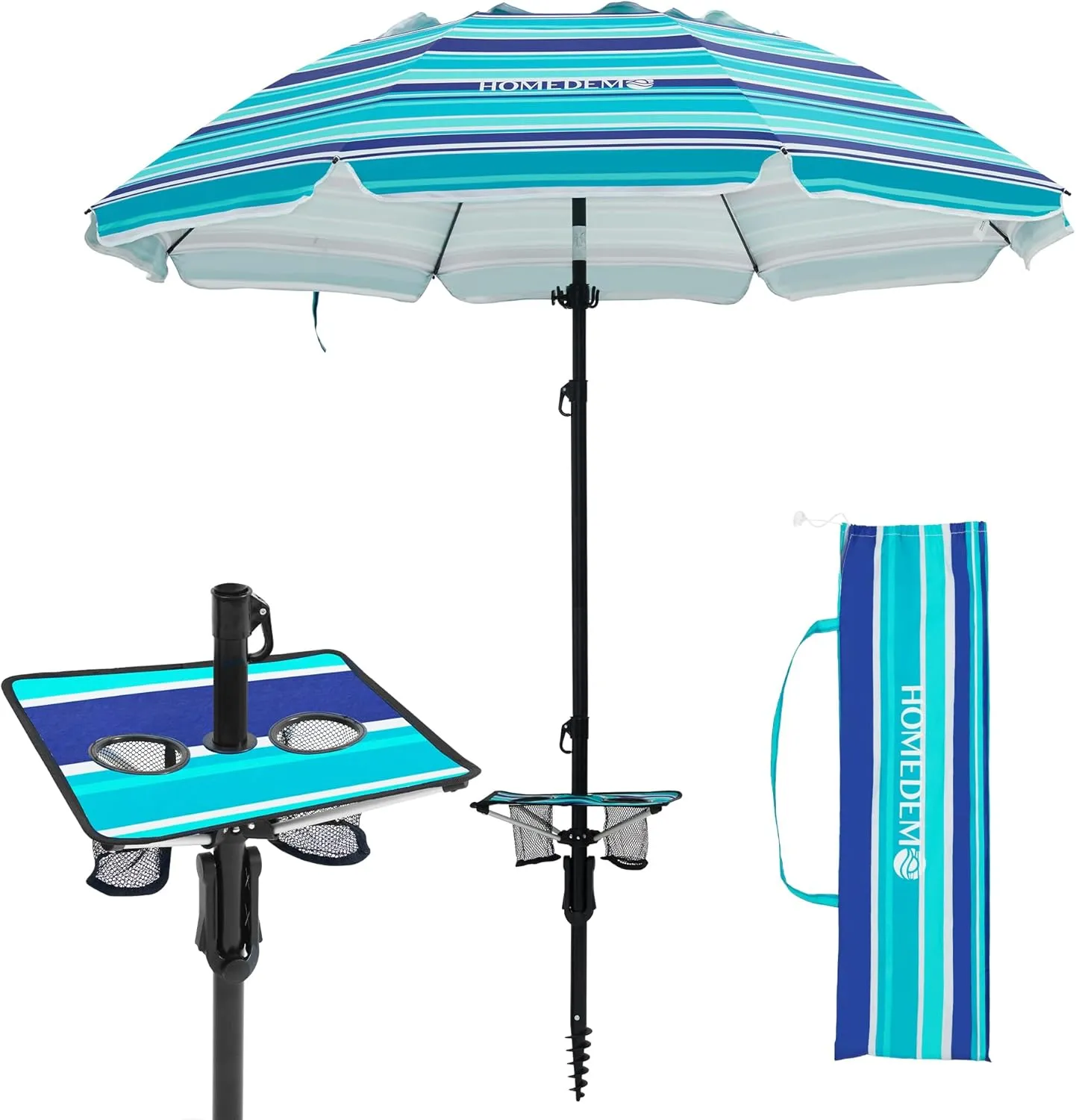HOMEDEMO 7ft Beach Umbrellas For Sand Heavy Duty Wind, Portable Beach Umbrella UPF 50  Windproof Outdoor Beach Umbrella with Sand Anchor, Tilt Pole, Carry Bag, Table Tray, Vent and Hook