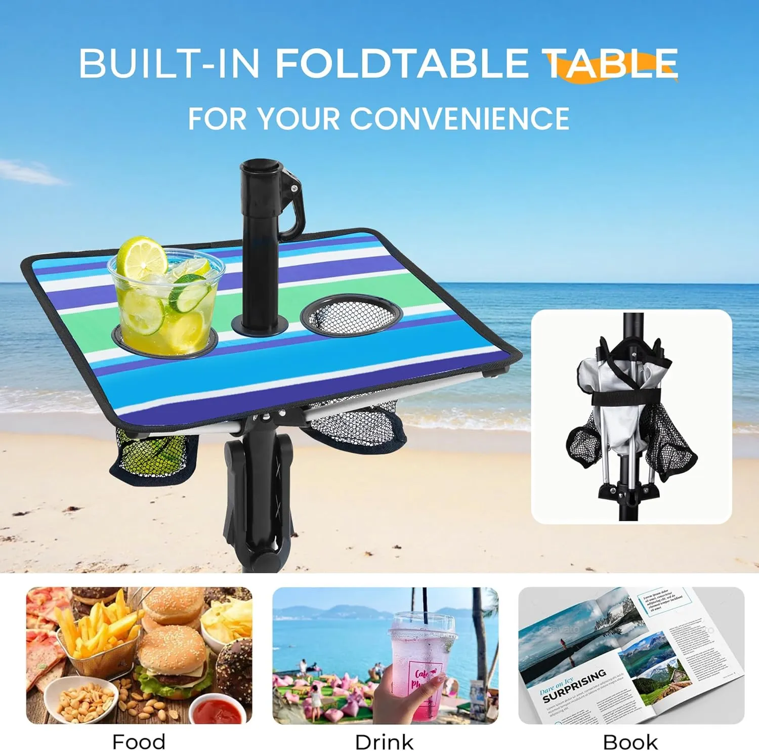 HOMEDEMO 7ft Beach Umbrellas For Sand Heavy Duty Wind, Portable Beach Umbrella UPF 50  Windproof Outdoor Beach Umbrella with Sand Anchor, Tilt Pole, Carry Bag, Table Tray, Vent and Hook