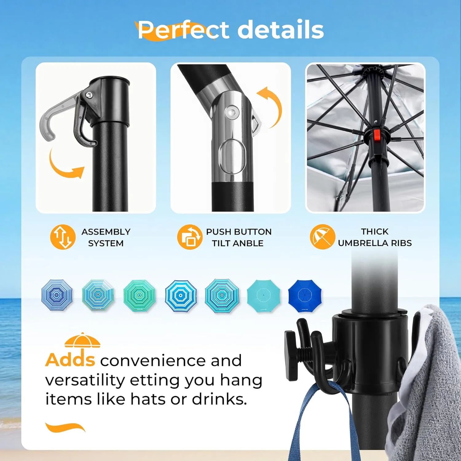 HOMEDEMO 7ft Beach Umbrellas For Sand Heavy Duty Wind, Portable Beach Umbrella UPF 50  Windproof Outdoor Beach Umbrella with Sand Anchor, Tilt Pole, Carry Bag, Table Tray, Vent and Hook