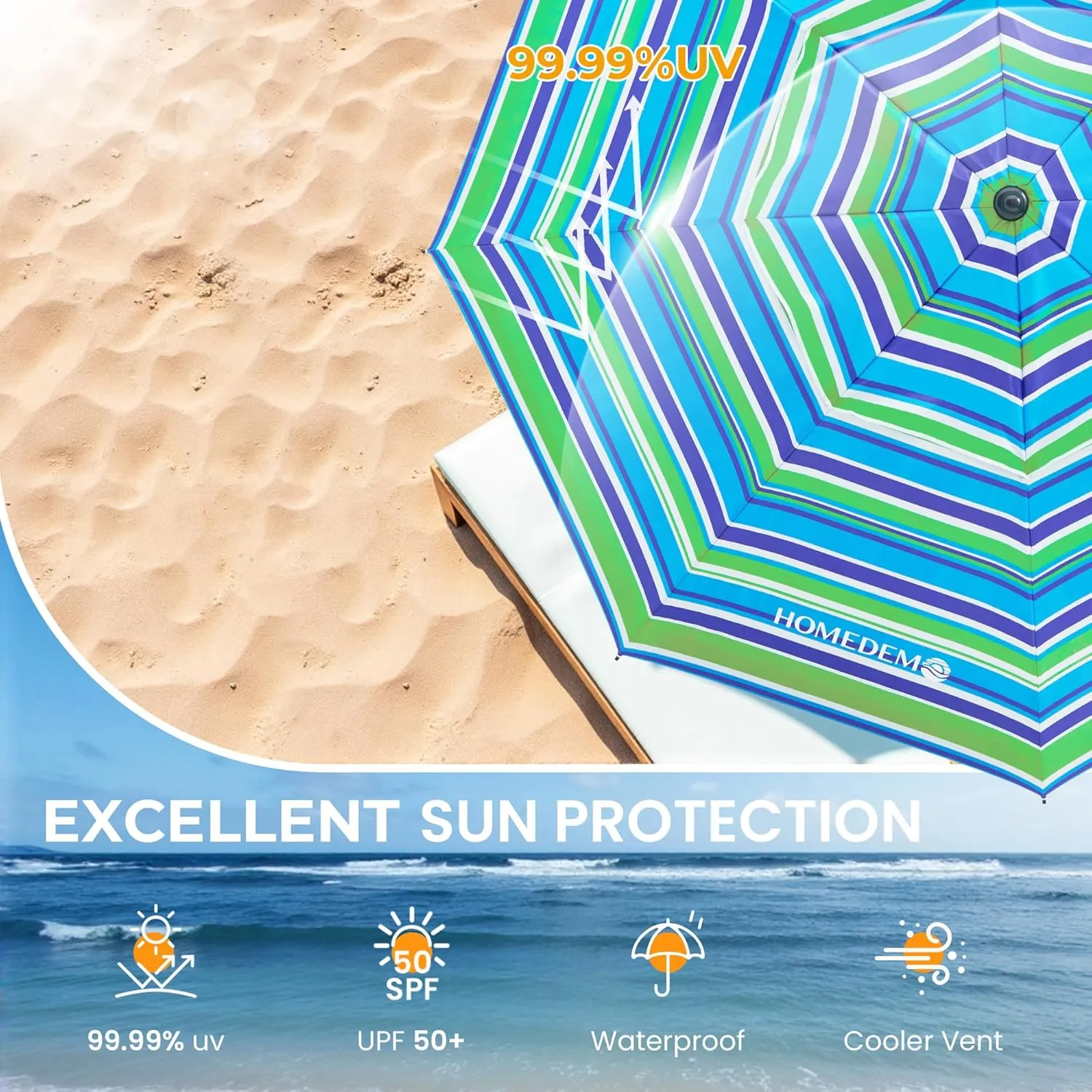 HOMEDEMO 7ft Beach Umbrellas For Sand Heavy Duty Wind, Portable Beach Umbrella UPF 50  Windproof Outdoor Beach Umbrella with Sand Anchor, Tilt Pole, Carry Bag, Table Tray, Vent and Hook