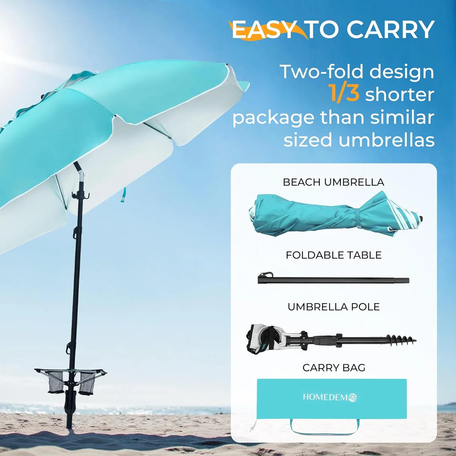 HOMEDEMO 7ft Beach Umbrellas For Sand Heavy Duty Wind, Portable Beach Umbrella UPF 50  Windproof Outdoor Beach Umbrella with Sand Anchor, Tilt Pole, Carry Bag, Table Tray, Vent and Hook
