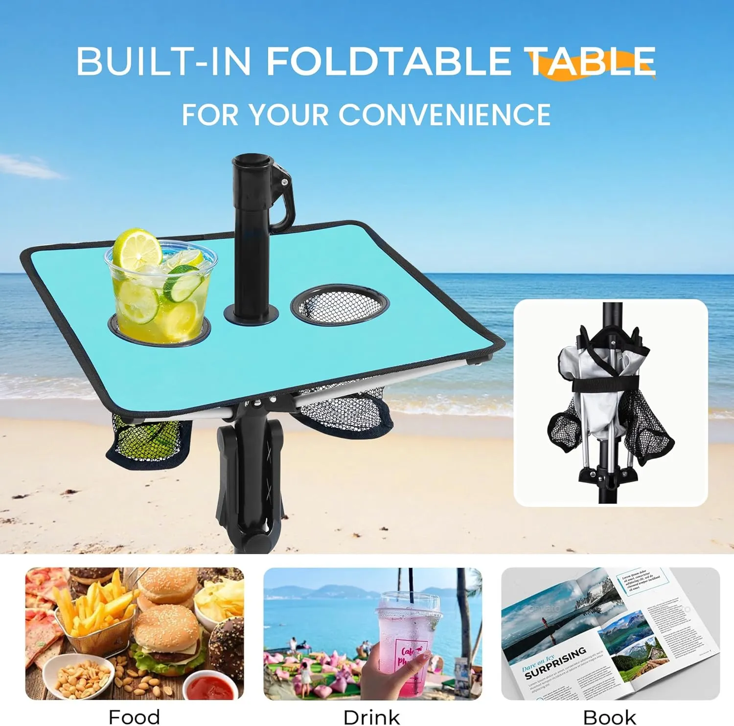 HOMEDEMO 7ft Beach Umbrellas For Sand Heavy Duty Wind, Portable Beach Umbrella UPF 50  Windproof Outdoor Beach Umbrella with Sand Anchor, Tilt Pole, Carry Bag, Table Tray, Vent and Hook