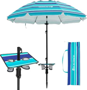 HOMEDEMO 7ft Beach Umbrellas For Sand Heavy Duty Wind, Portable Beach Umbrella UPF 50  Windproof Outdoor Beach Umbrella with Sand Anchor, Tilt Pole, Carry Bag, Table Tray, Vent and Hook