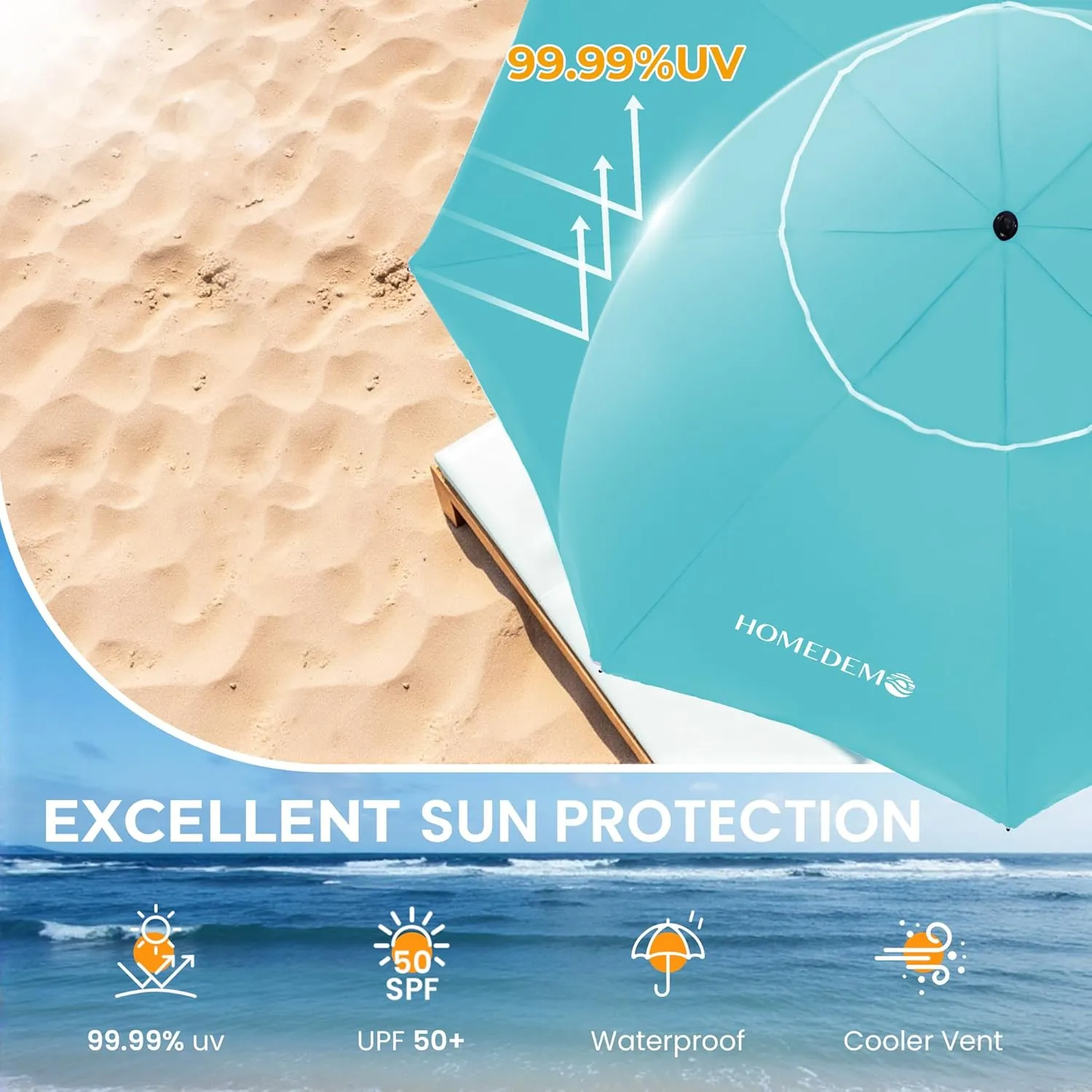 HOMEDEMO 7ft Beach Umbrellas For Sand Heavy Duty Wind, Portable Beach Umbrella UPF 50  Windproof Outdoor Beach Umbrella with Sand Anchor, Tilt Pole, Carry Bag, Table Tray, Vent and Hook
