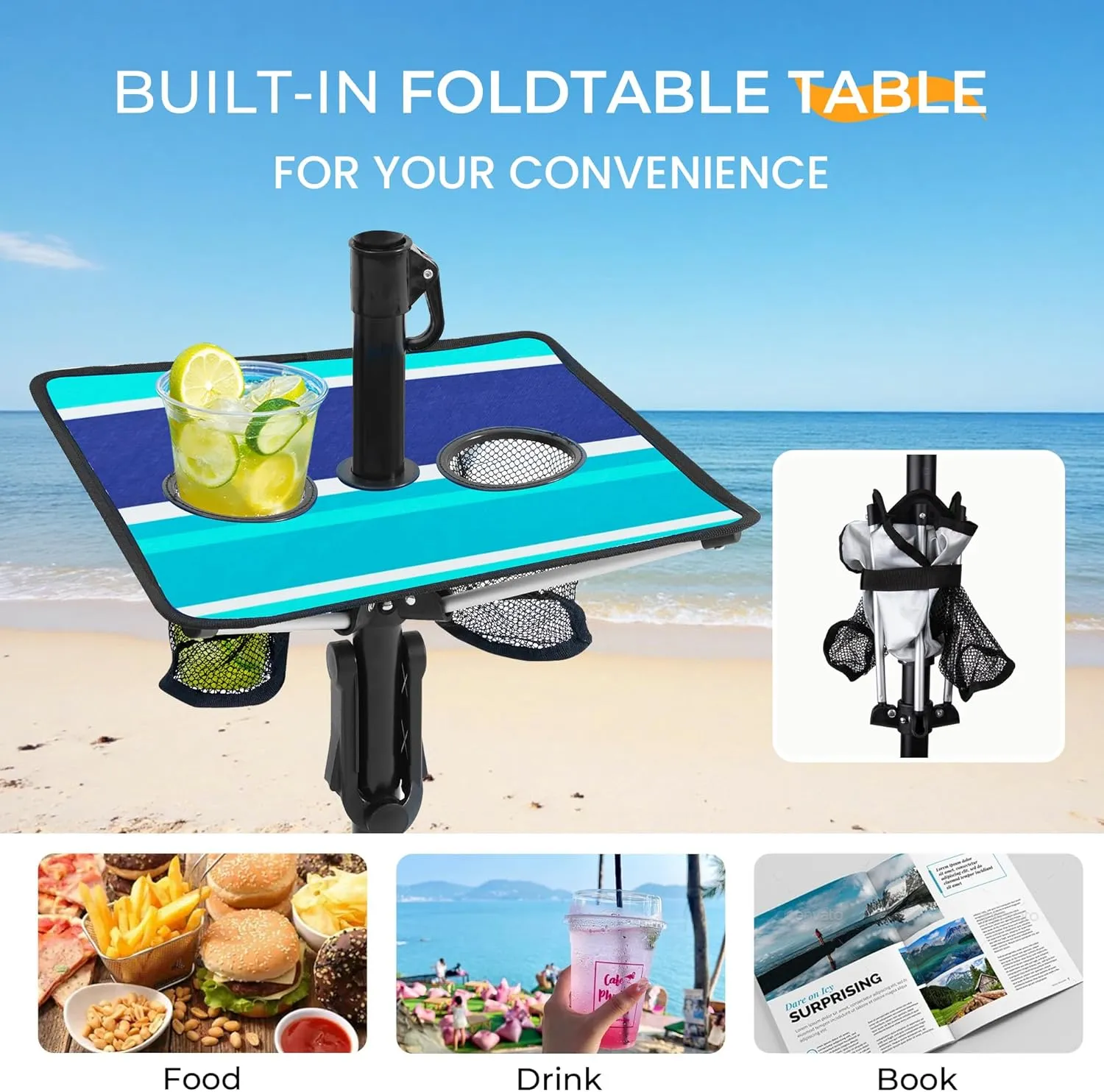 HOMEDEMO 7ft Beach Umbrellas For Sand Heavy Duty Wind, Portable Beach Umbrella UPF 50  Windproof Outdoor Beach Umbrella with Sand Anchor, Tilt Pole, Carry Bag, Table Tray, Vent and Hook