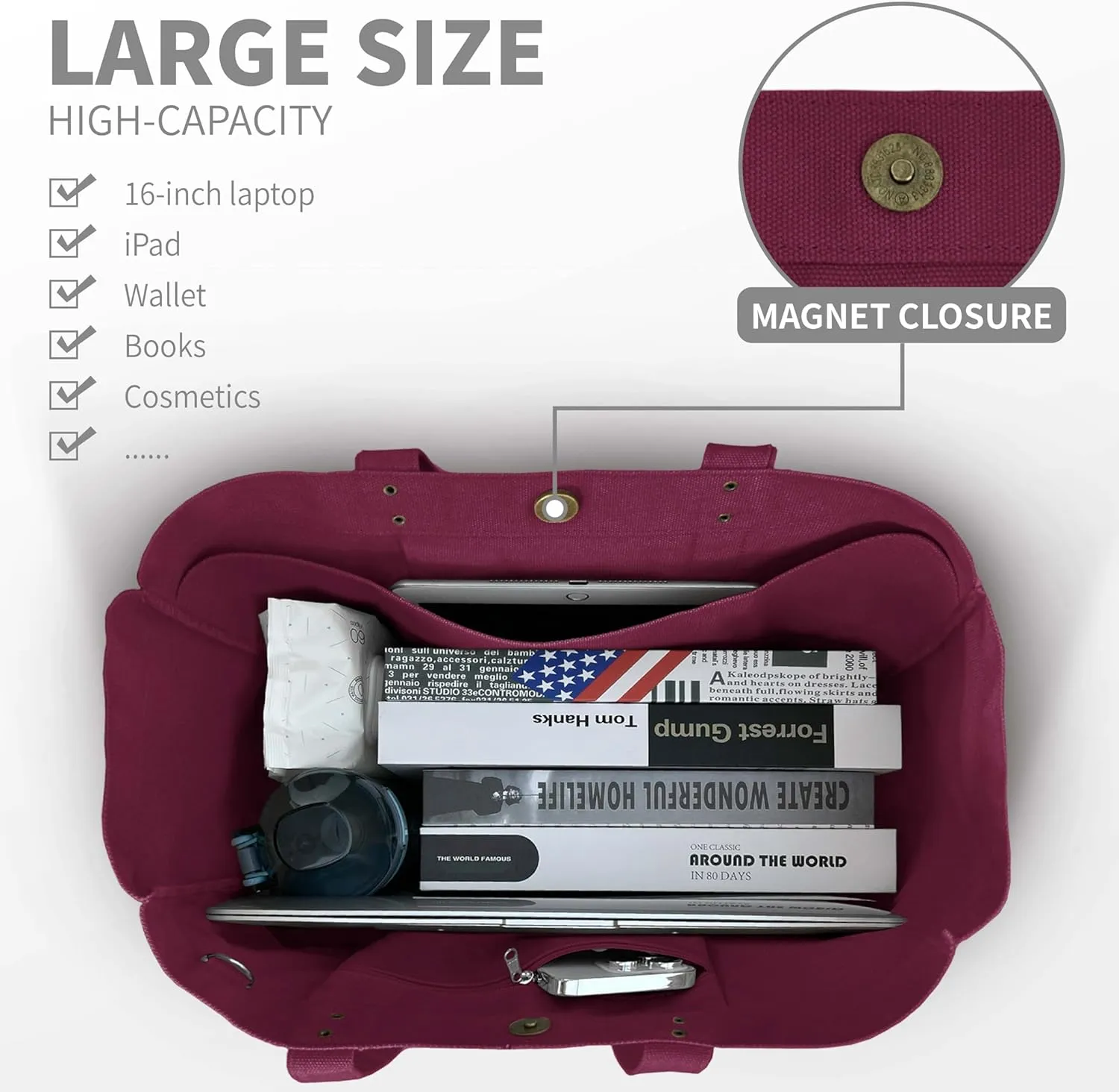 HOMESPON Large Canvas Tote Bag for Women Everything Bag with Pockets and Laptop Sleeve