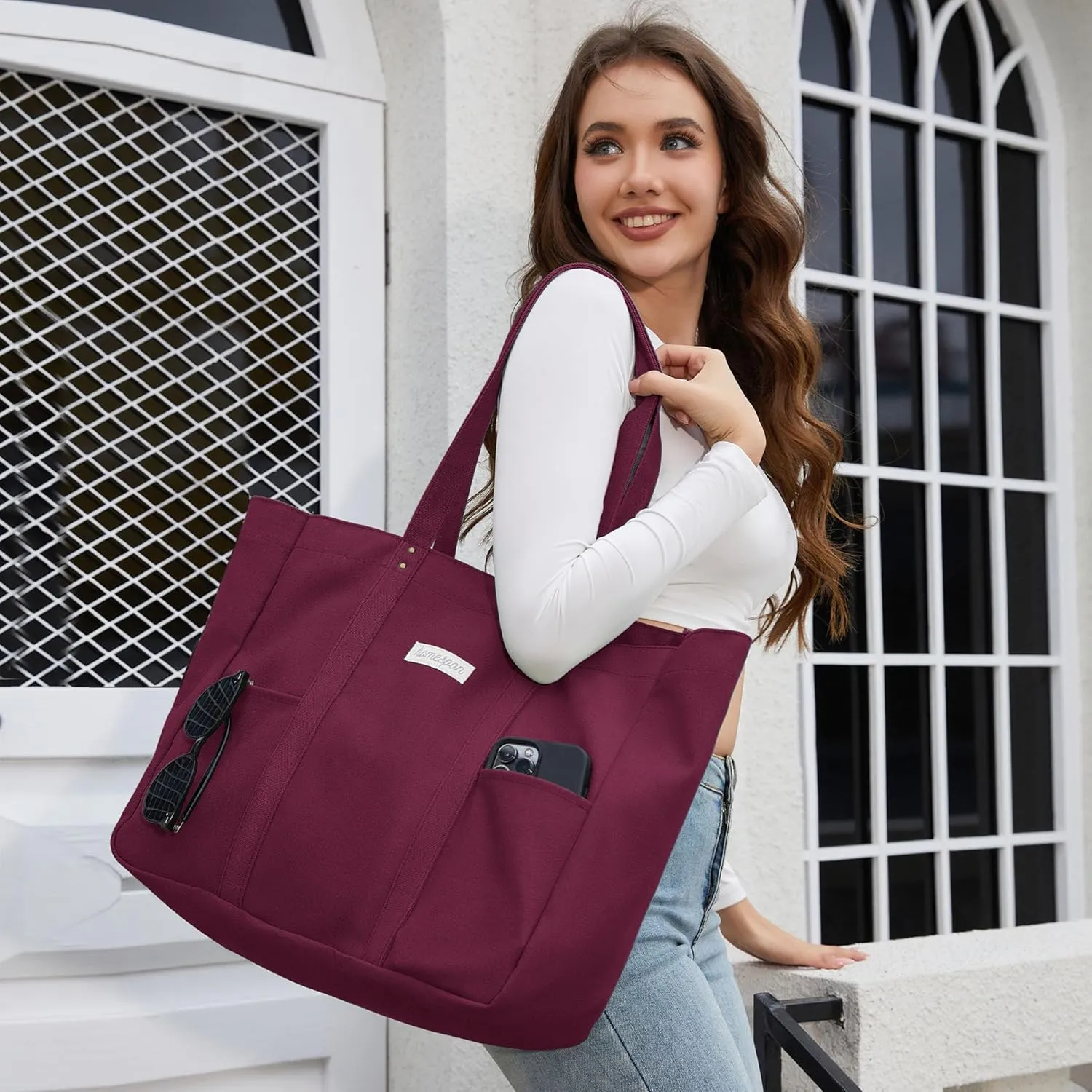 HOMESPON Large Canvas Tote Bag for Women Everything Bag with Pockets and Laptop Sleeve