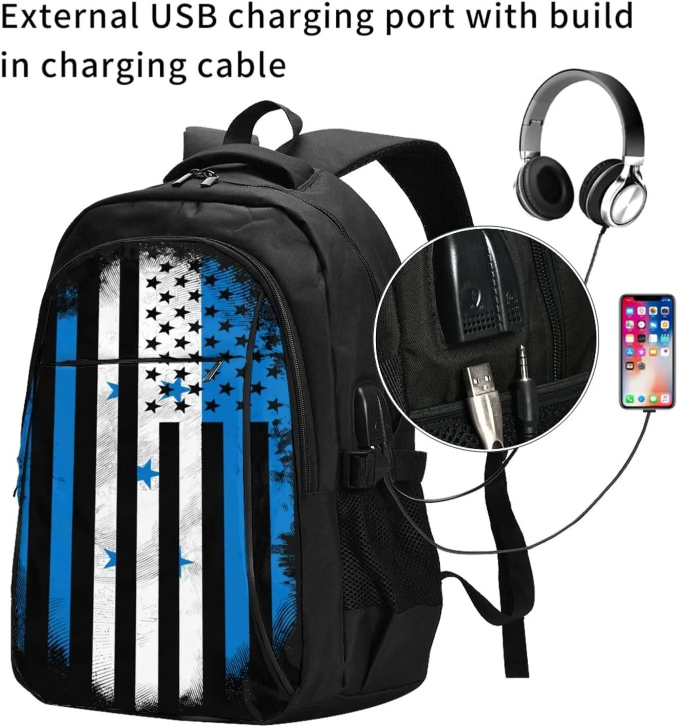 Honduran American Flag Travel Backpacks Casual Backpack Large Capacity Laptop Rucksack Luggage Daypacks with USB Charging Port Multi-Pockets Bags for Hiking