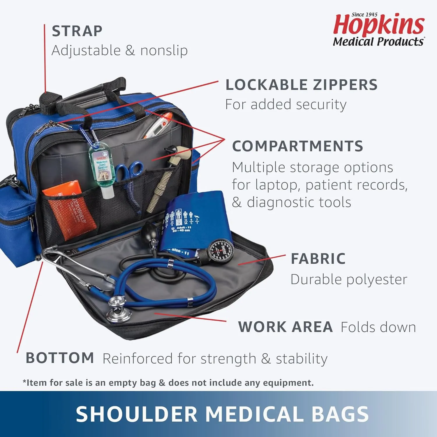 Hopkins Medical Products Home Health Shoulder Bag, 600D Waterproof Exterior, Large Storage Compartments, Removable Adjustable Shoulder Strap, 14x11.5x8 Inches, Royal Blue