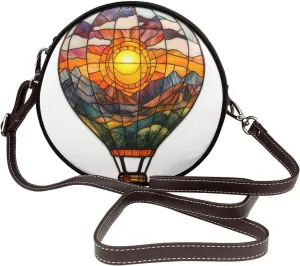 Hot Air Balloon With Sunset Mountain Women Round Crossbody Bags Leather Sling Bag Purse