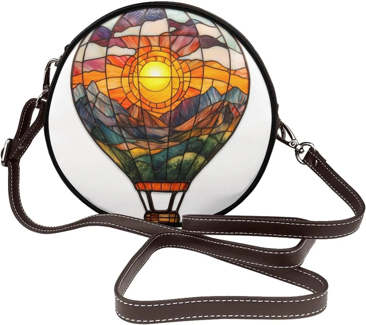 Hot Air Balloon With Sunset Mountain Women Round Crossbody Bags Leather Sling Bag Purse