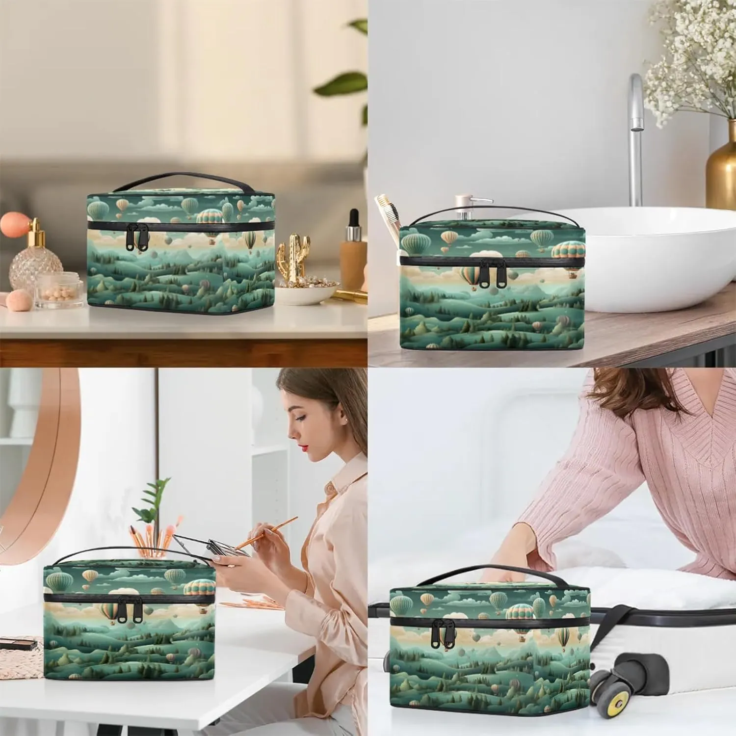 Hot Air Balloons Clouds Travel Toiletry Bag Large Capacity Makeup Case Organizer with Handle Cosmetic Case for Women Girls