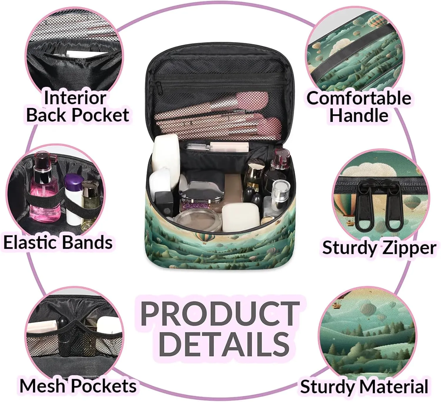 Hot Air Balloons Clouds Travel Toiletry Bag Large Capacity Makeup Case Organizer with Handle Cosmetic Case for Women Girls