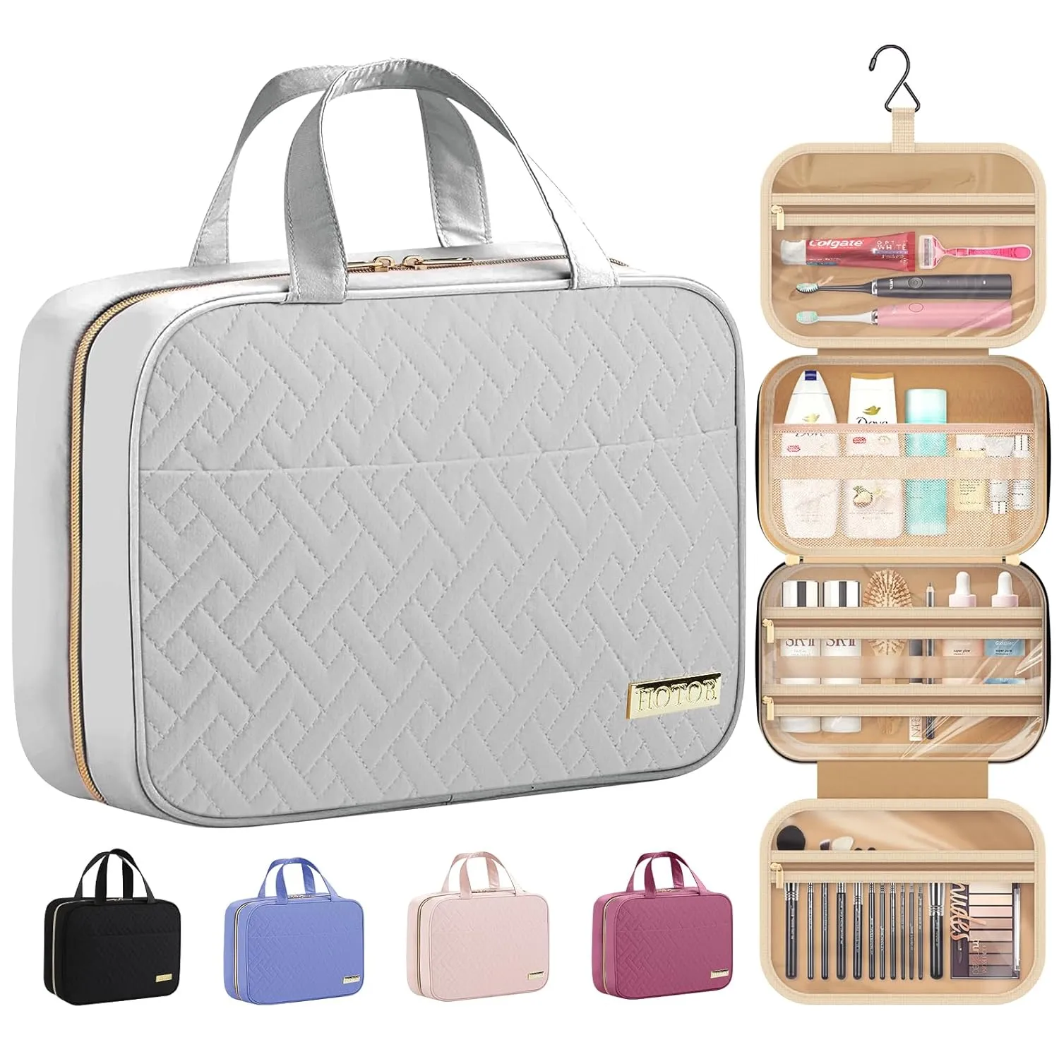HOTOR Travel Toiletry Bag - Toiletry Bag w/Hanging Hook - Spacious Toiletry Bag for Women & Men, Makeup Bag/Big Comparment, Waterproof for Travel Accessories, Travel Essentials, Medium, Grey