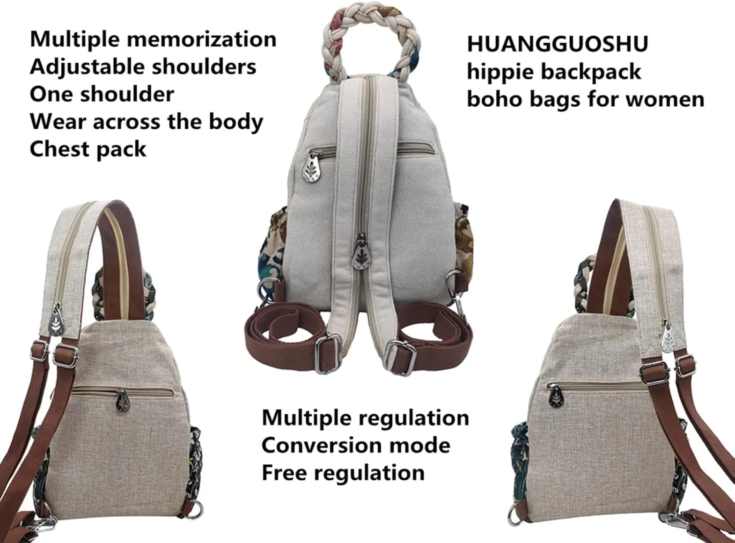 HUANGGUOSHU Backpack Purse for Women - Boho Style Small Convertible Sling Bag with Woven and Mushroom Design - Perfect Mini Backpack for Fashionable Hippie Ladies Braided Flower