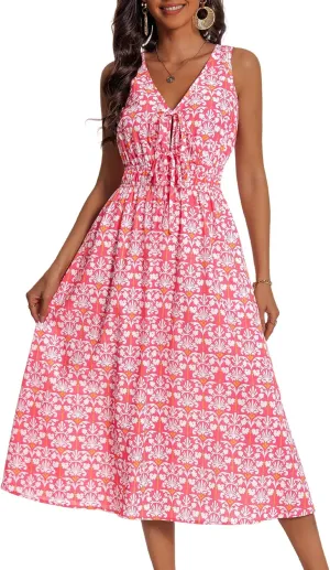 HUHOT Womens Tie Front Elastic Empire Waist Boho Summer Sun Dresses with Pockets