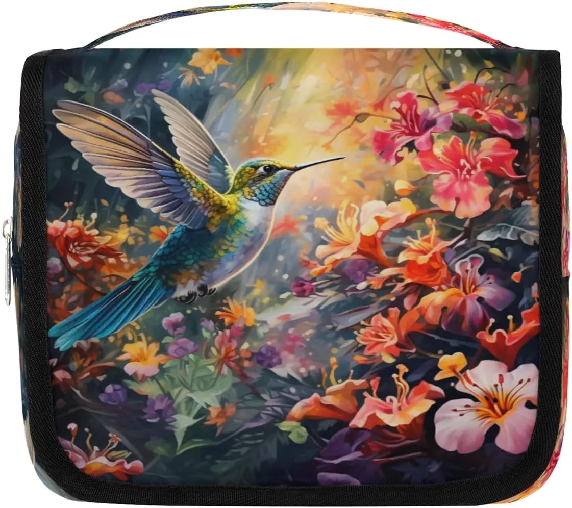 Hummingbird Colorful Flowers Hanging Toiletry Bag for Women Travel Makeup Bag Cosmetic Organizer Travel Toiletries Bag for Men