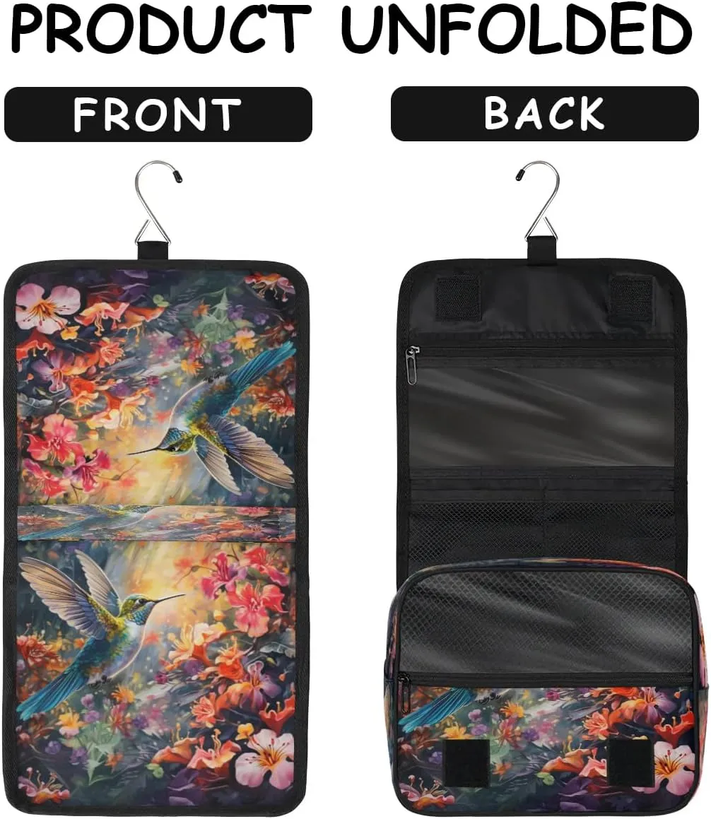 Hummingbird Colorful Flowers Hanging Toiletry Bag for Women Travel Makeup Bag Cosmetic Organizer Travel Toiletries Bag for Men
