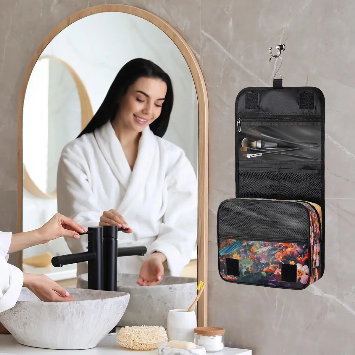 Hummingbird Colorful Flowers Hanging Toiletry Bag for Women Travel Makeup Bag Cosmetic Organizer Travel Toiletries Bag for Men