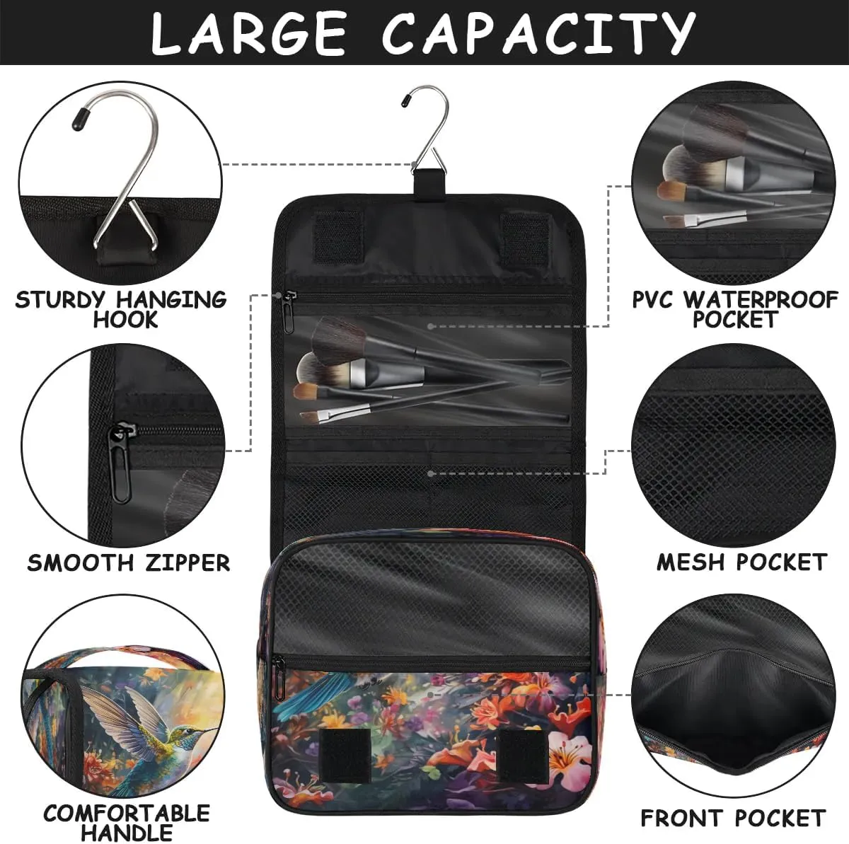 Hummingbird Colorful Flowers Hanging Toiletry Bag for Women Travel Makeup Bag Cosmetic Organizer Travel Toiletries Bag for Men