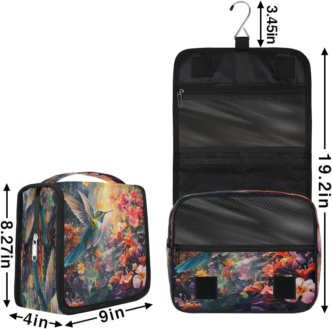 Hummingbird Colorful Flowers Hanging Toiletry Bag for Women Travel Makeup Bag Cosmetic Organizer Travel Toiletries Bag for Men