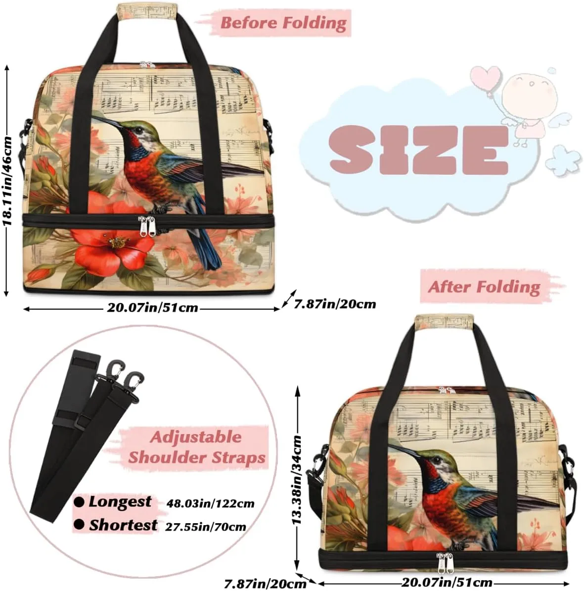 Hummingbird Printed Foldable Travel Duffel Bag Overnight Weekender Bag with Shoes Compartment Sports Gym Bag for Men Women